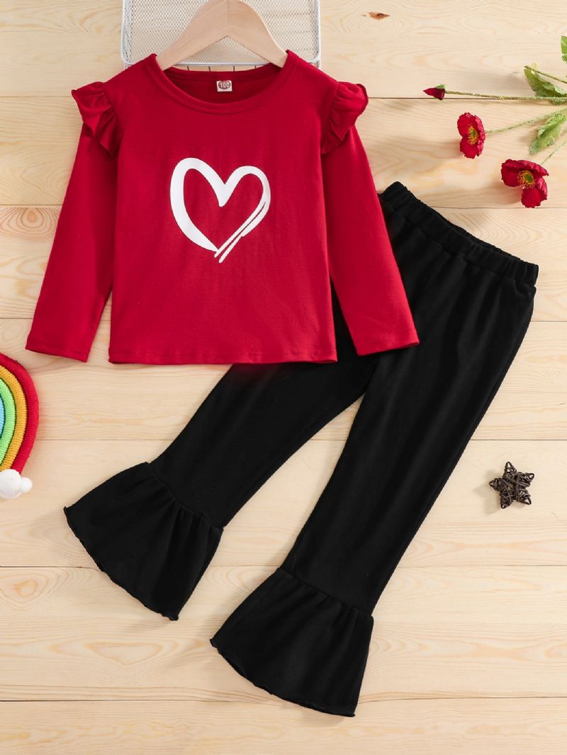 Christmas Valentine's Day Jenter Heart Print Langermet Top & Flared Bukser I To Deler