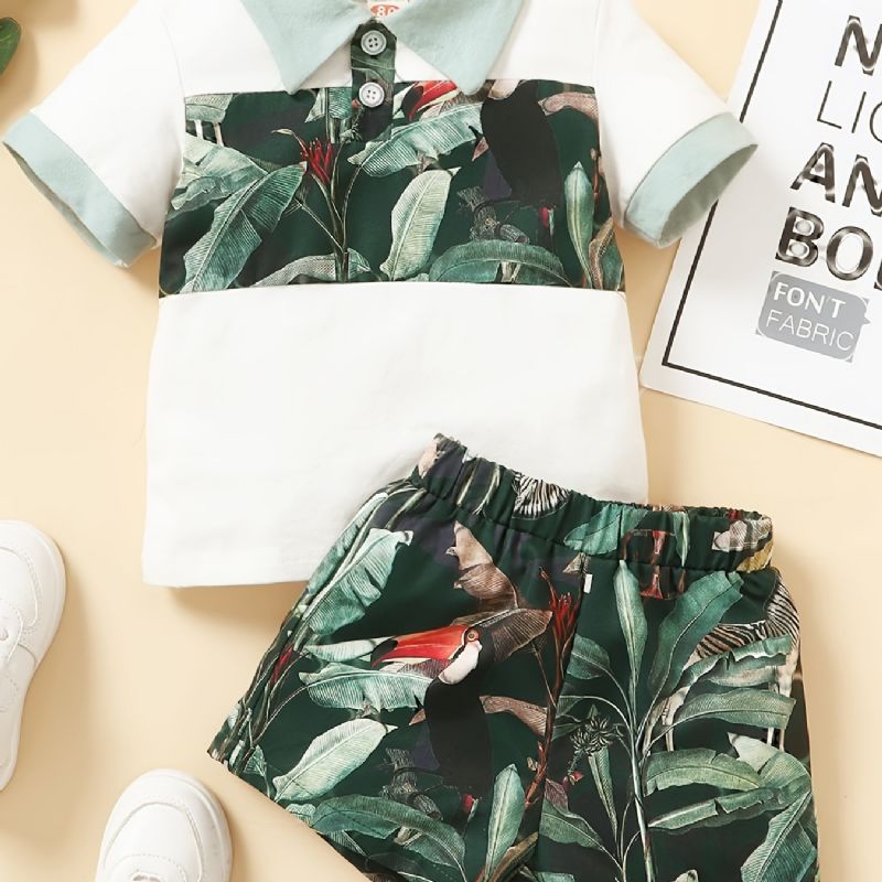 Guttens Color Block Skjorte + Tropical Print Shorts Set Babyklær For Sommeren