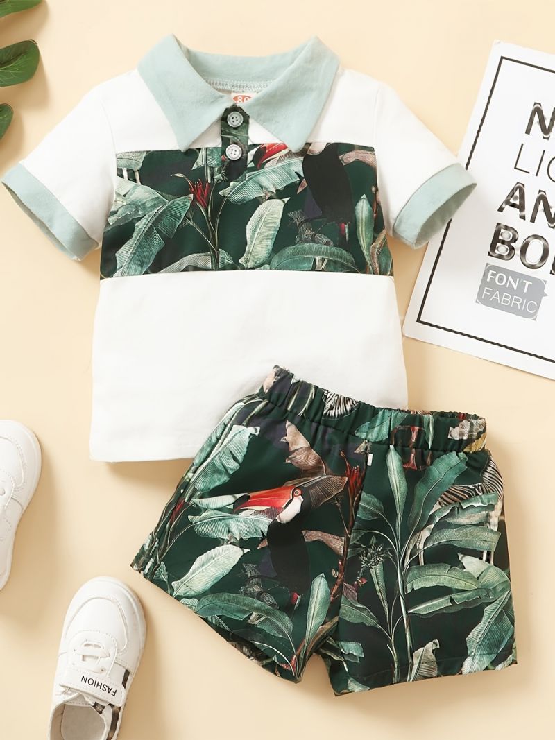 Guttens Color Block Skjorte + Tropical Print Shorts Set Babyklær For Sommeren