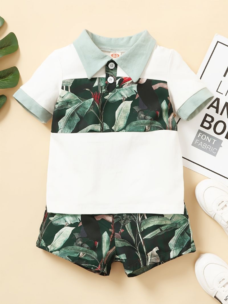 Guttens Color Block Skjorte + Tropical Print Shorts Set Babyklær For Sommeren