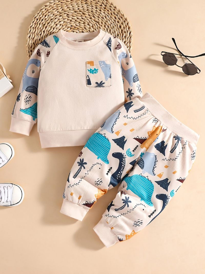 Gutter Bomullsgenser Sweatshirt + Bukser Sett Antrekk Babyklær Dinosaur Tegneserie