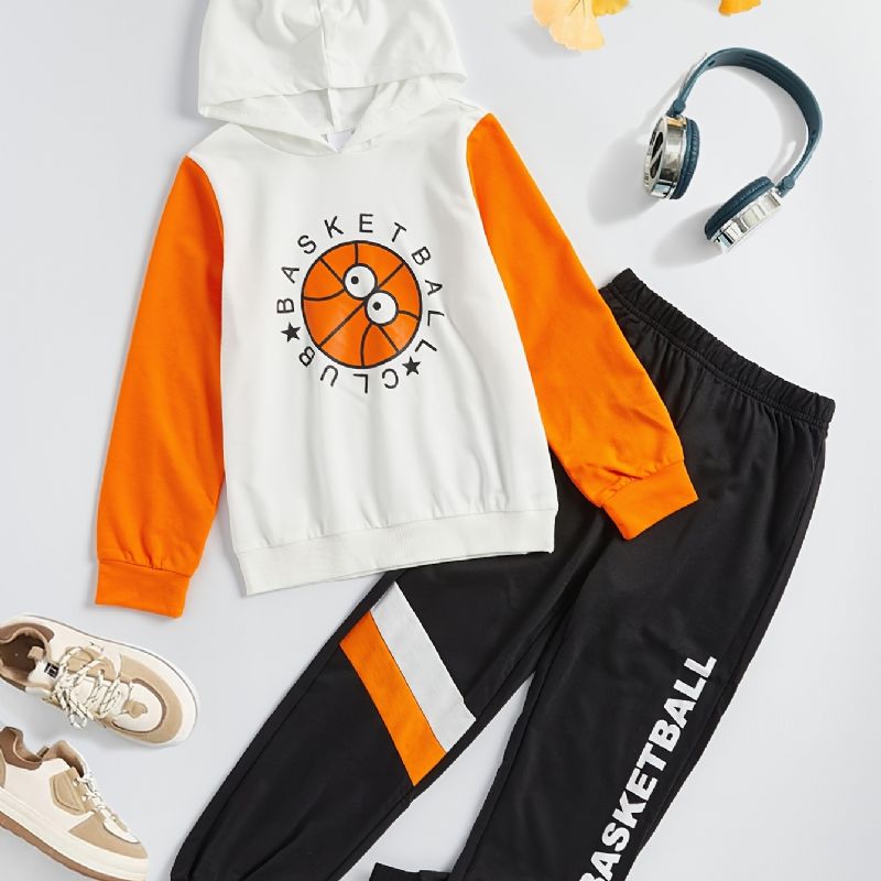 Gutter Casual Active Sett Med Basketball Print Hettegenser Og Joggebukser For Utendørs Vinter