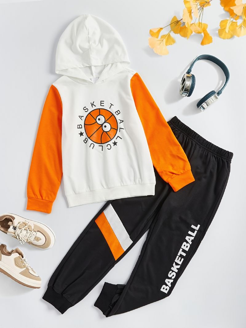 Gutter Casual Active Sett Med Basketball Print Hettegenser Og Joggebukser For Utendørs Vinter