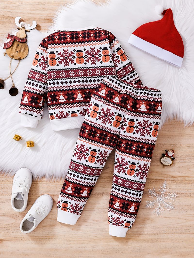 Gutter Casual Christmas Print Pyjamassett Med Søte Termotopper Og Bukser Til Fest