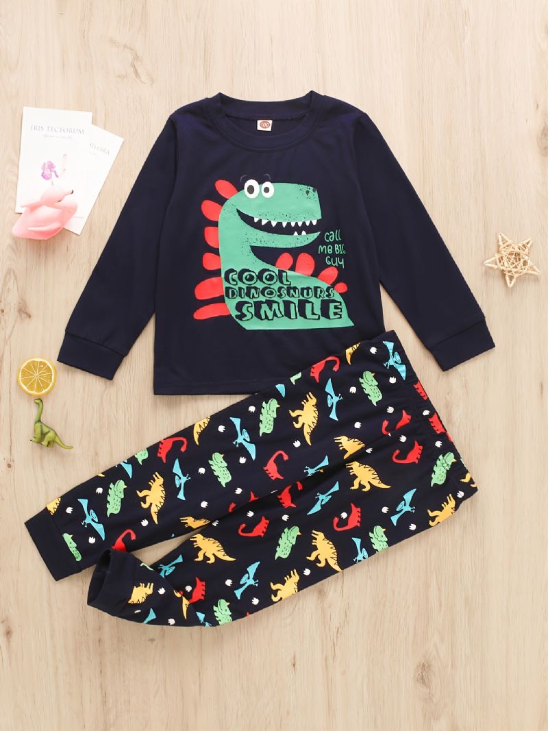 Gutter Casual Søt Dinosaur Printed Langermet Crew Neck Toppbukser 2 Stk Sett