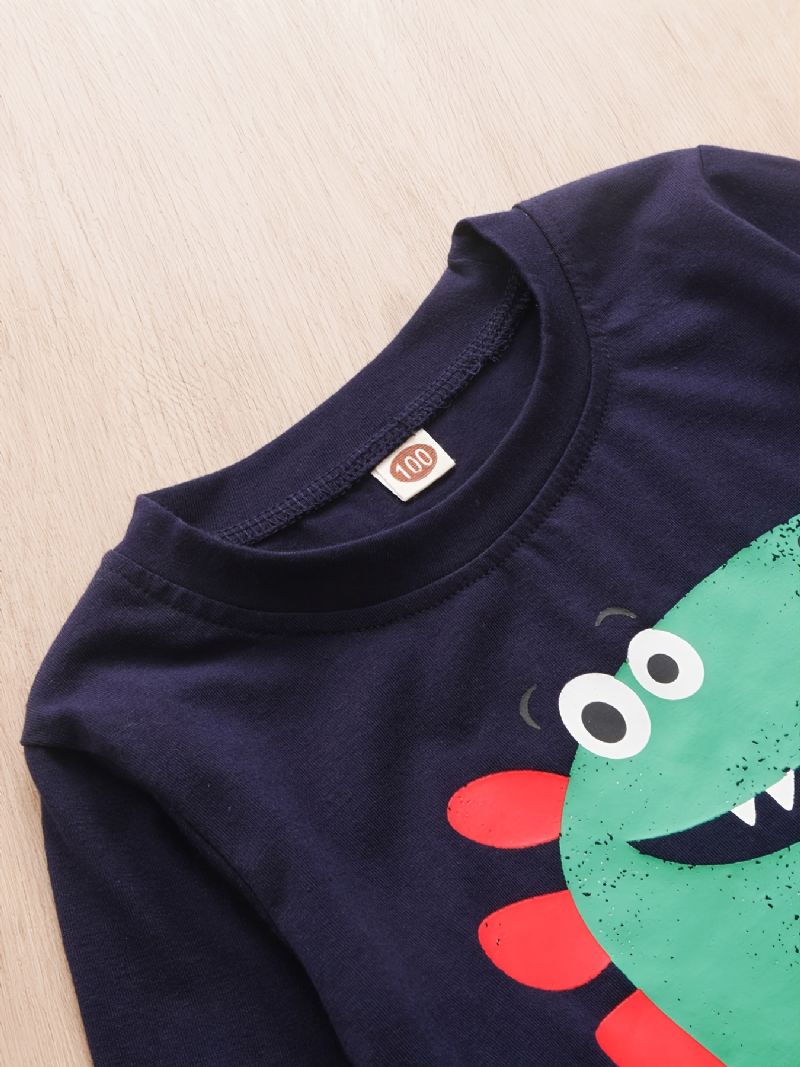 Gutter Casual Søt Dinosaur Printed Langermet Crew Neck Toppbukser 2 Stk Sett