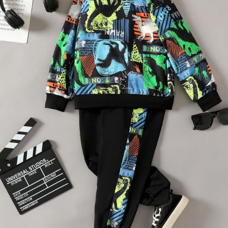 Gutter Dinosaur Print Langermet Sweatshirt & Contrast Joggebuksesett