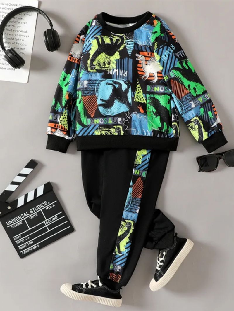 Gutter Dinosaur Print Langermet Sweatshirt & Contrast Joggebuksesett