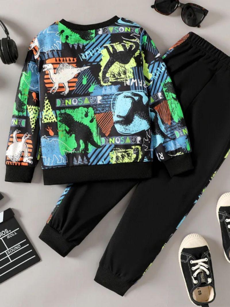 Gutter Dinosaur Print Langermet Sweatshirt & Contrast Joggebuksesett