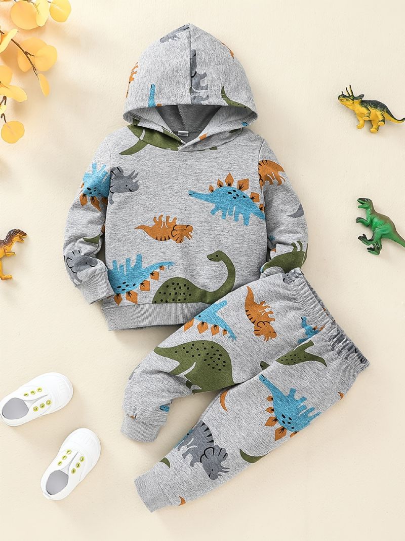 Gutter Dinosaur Print Pullover Hettegenser + Buksesett Antrekk Babyklær