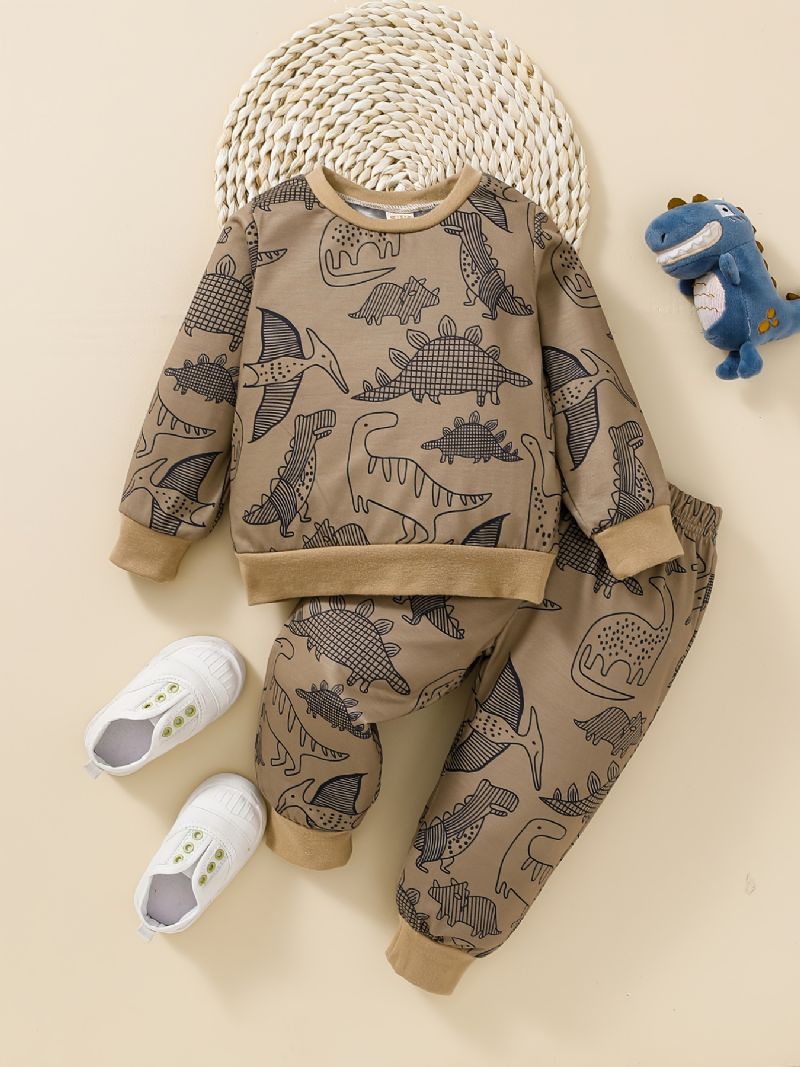 Gutter Dinosaur Print Rundhalset Sweatshirt + Buksesett Babyklær