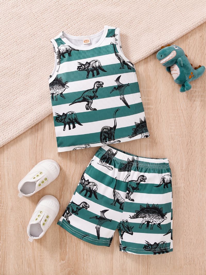 Gutter Dinosaur Striped Print Tank Top + Shorts Sett Babyklær For Summer