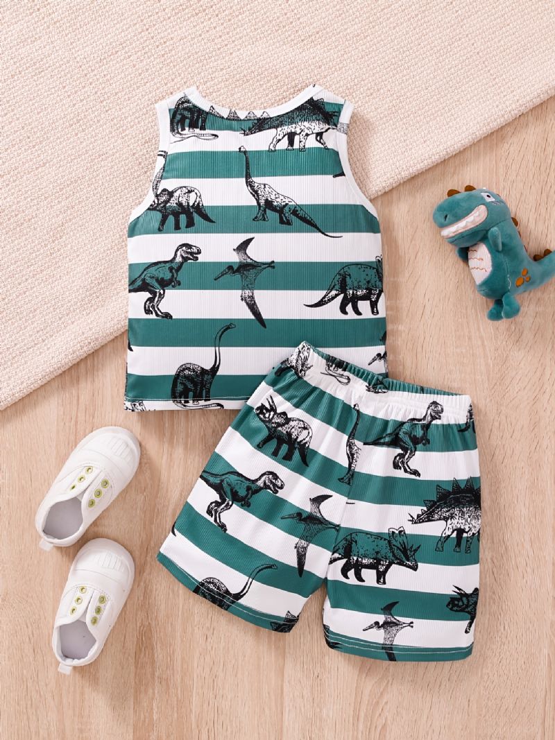 Gutter Dinosaur Striped Print Tank Top + Shorts Sett Babyklær For Summer