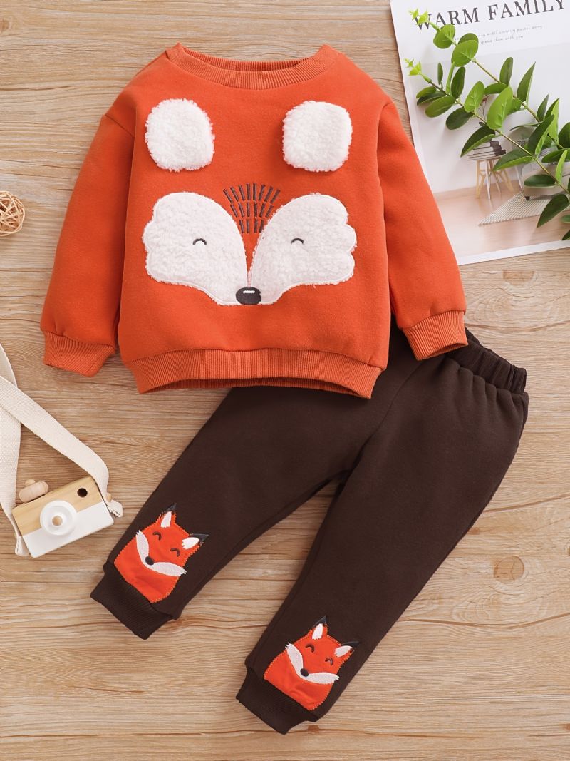 Gutter Fox Ears Sweatshirt Med Rund Hals + Fox Brodert Buksesett Barneklær Til Vinteren