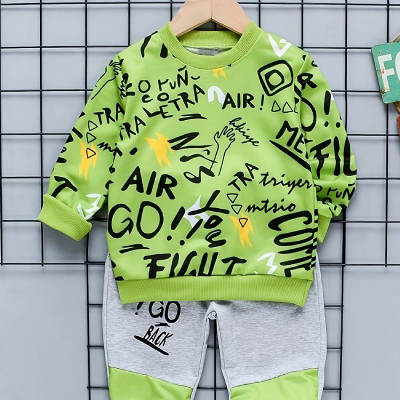 Gutter Graffiti Print Pullover Sweatshirt & Color Block Pants Set Barneklær