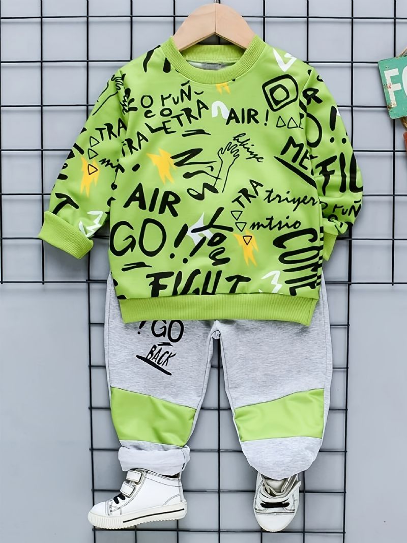 Gutter Graffiti Print Pullover Sweatshirt & Color Block Pants Set Barneklær