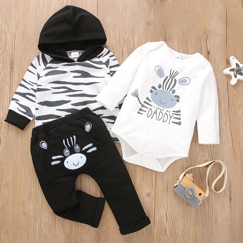 Gutter Langermet Bodysuit Romper + Hettegenser + Matchende Buksesett Babyklær Antrekk Jumpsuit