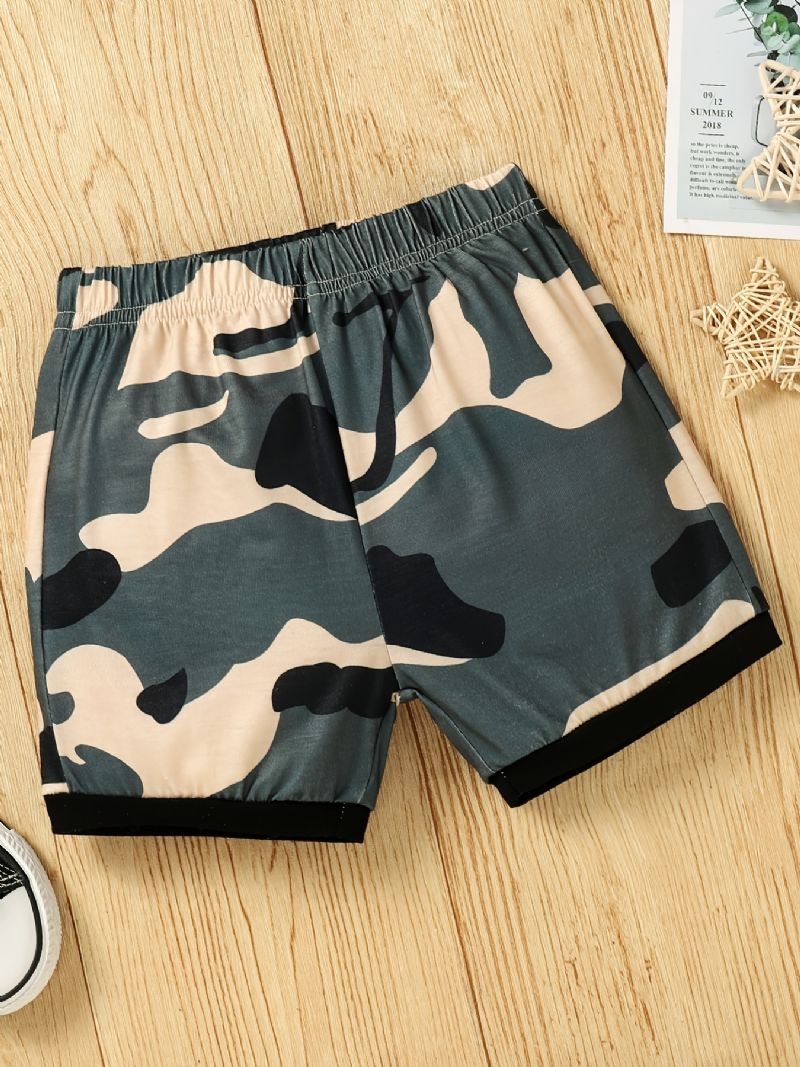 Gutter Letter Print Kortermet Topp + Camo Shorts Sett Barneklær