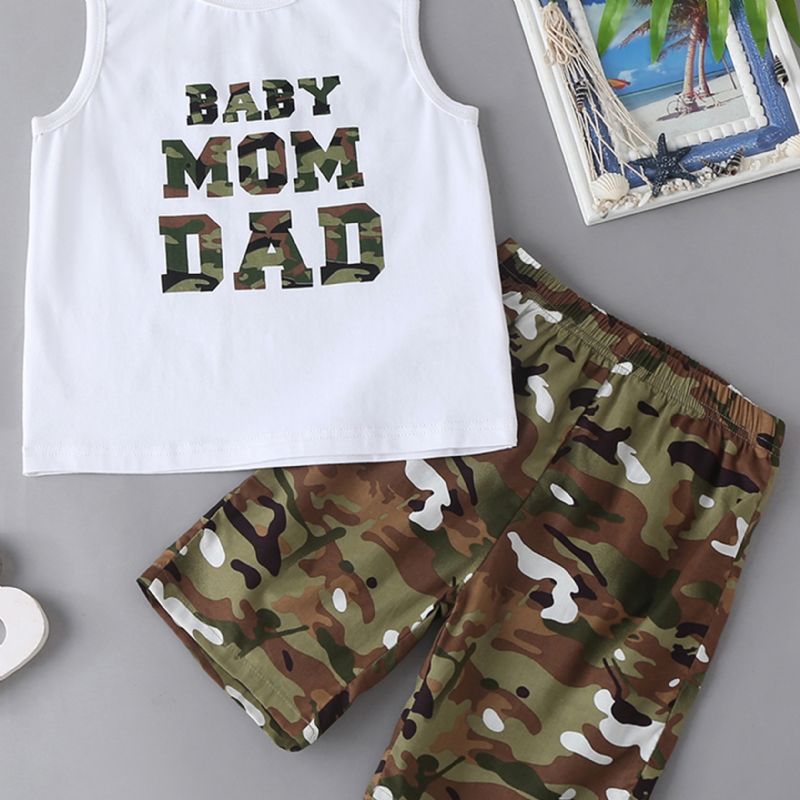 Gutter Letter Print Tank Top + Camo Short Set Barneklær Til Sommeren