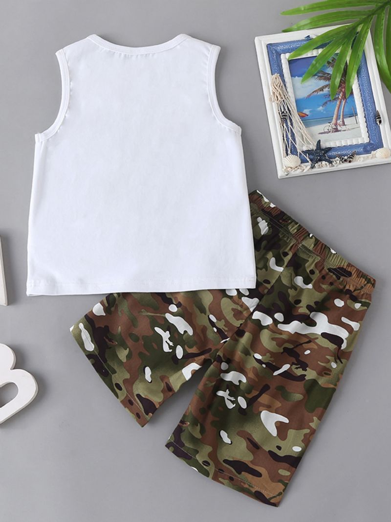 Gutter Letter Print Tank Top + Camo Short Set Barneklær Til Sommeren