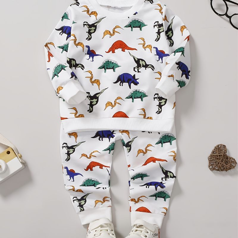 Gutter Mote Casual Dinosaur Print Rund Hals Sweatshirt Bukser Sett