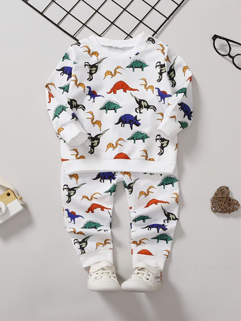 Gutter Mote Casual Dinosaur Print Rund Hals Sweatshirt Bukser Sett