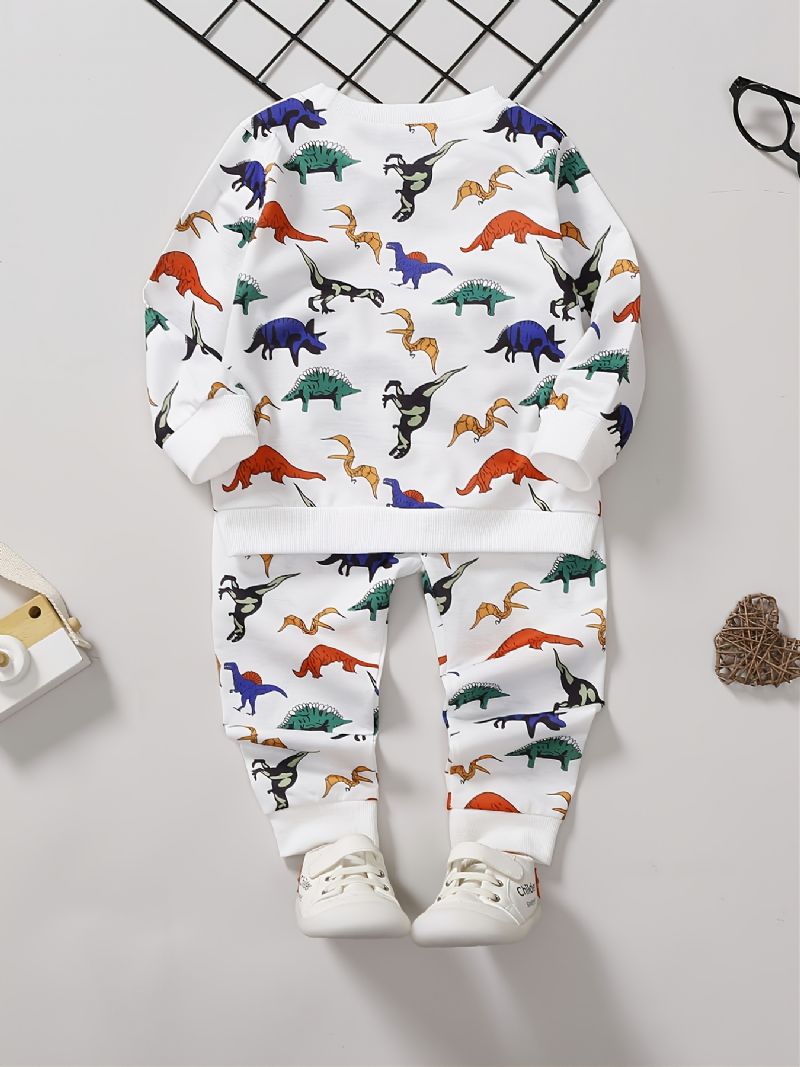 Gutter Mote Casual Dinosaur Print Rund Hals Sweatshirt Bukser Sett