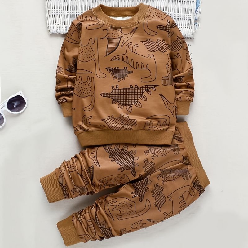 Gutter Rundhalset Sweatshirt + Bukser Sett Dinosaur Print Barneklær