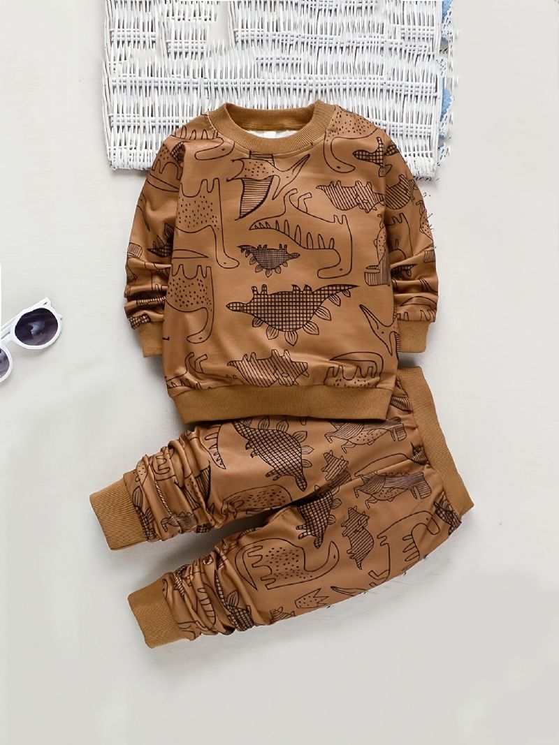 Gutter Rundhalset Sweatshirt + Bukser Sett Dinosaur Print Barneklær