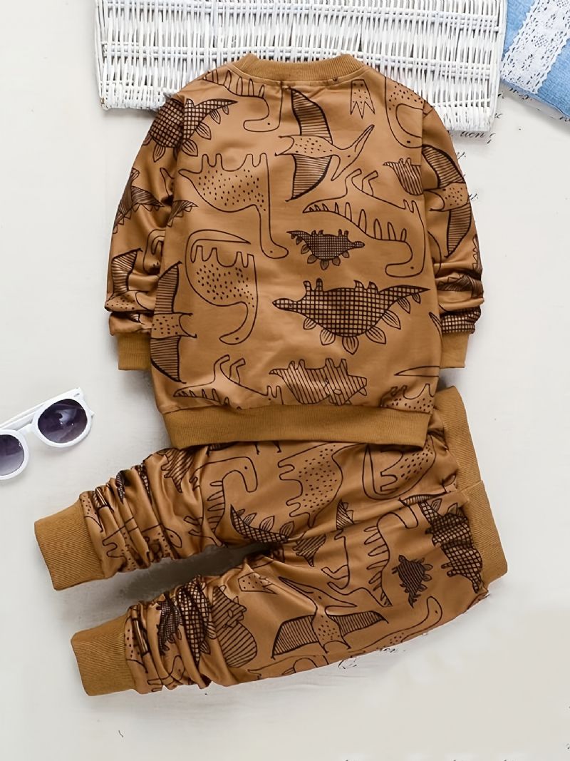 Gutter Rundhalset Sweatshirt + Bukser Sett Dinosaur Print Barneklær