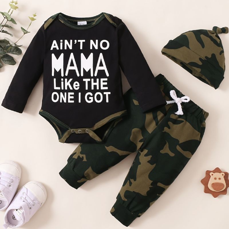 Gutter Slogan Print Langermet Jumpsuit + Camobukser + Hattesett Babyklær