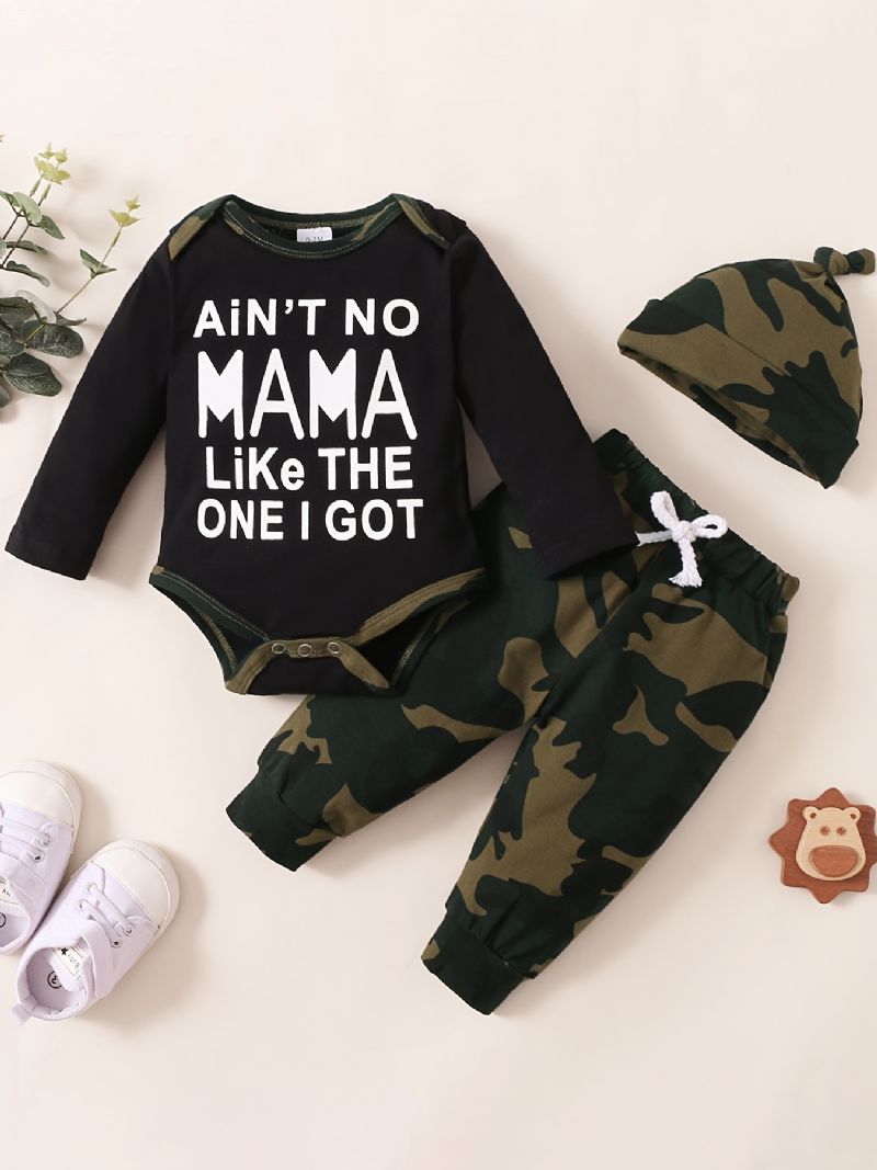 Gutter Slogan Print Langermet Jumpsuit + Camobukser + Hattesett Babyklær