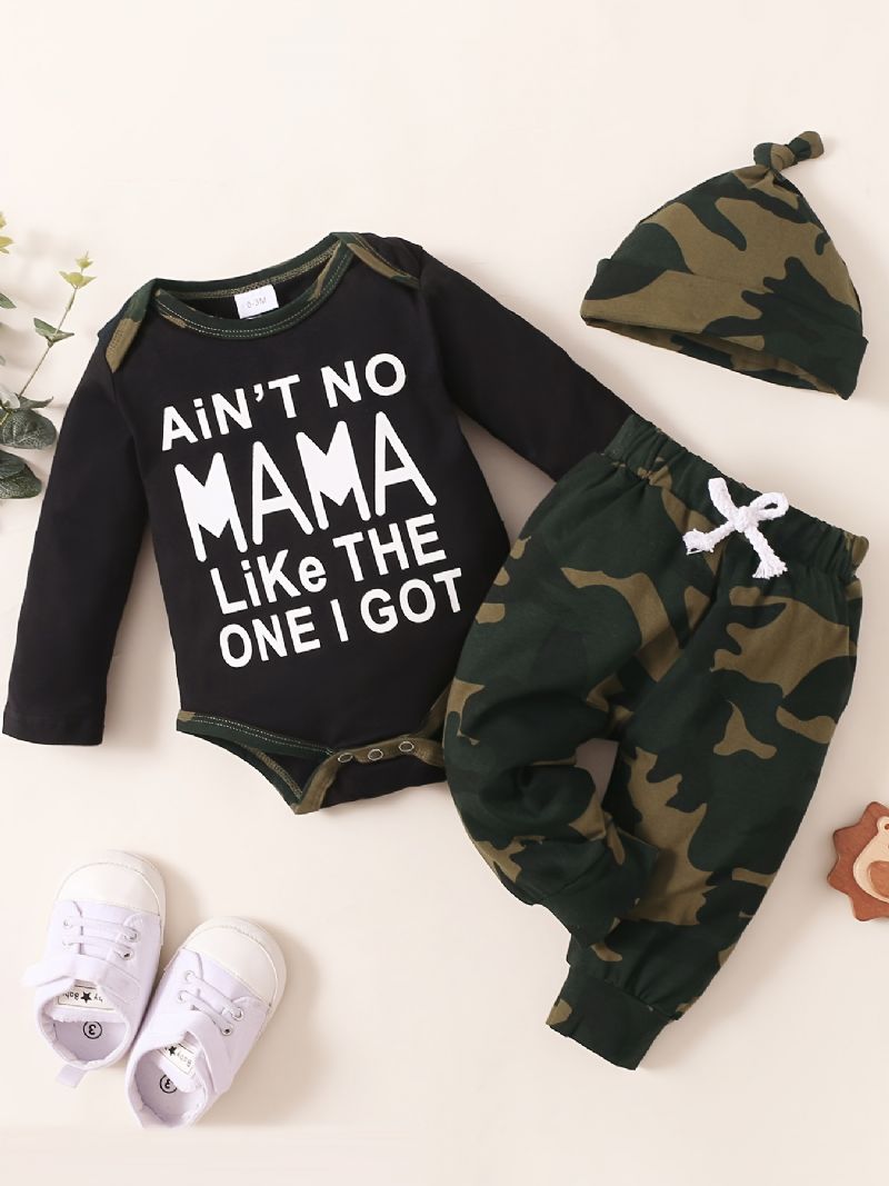 Gutter Slogan Print Langermet Jumpsuit + Camobukser + Hattesett Babyklær