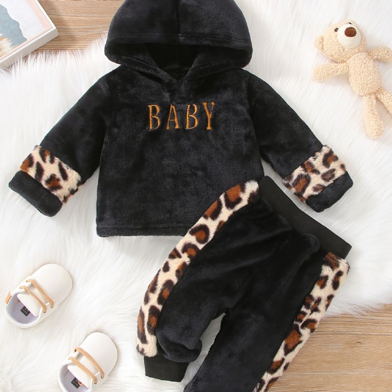 Gutter Uformelt Fleece Termisk Leopardprint Hette Topp Og Buksesett For Vinteren