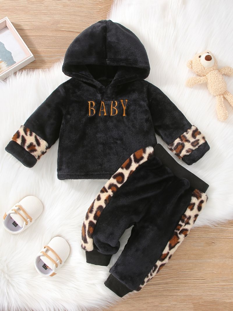 Gutter Uformelt Fleece Termisk Leopardprint Hette Topp Og Buksesett For Vinteren