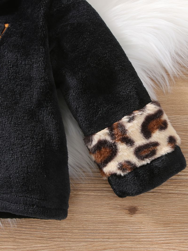 Gutter Uformelt Fleece Termisk Leopardprint Hette Topp Og Buksesett For Vinteren