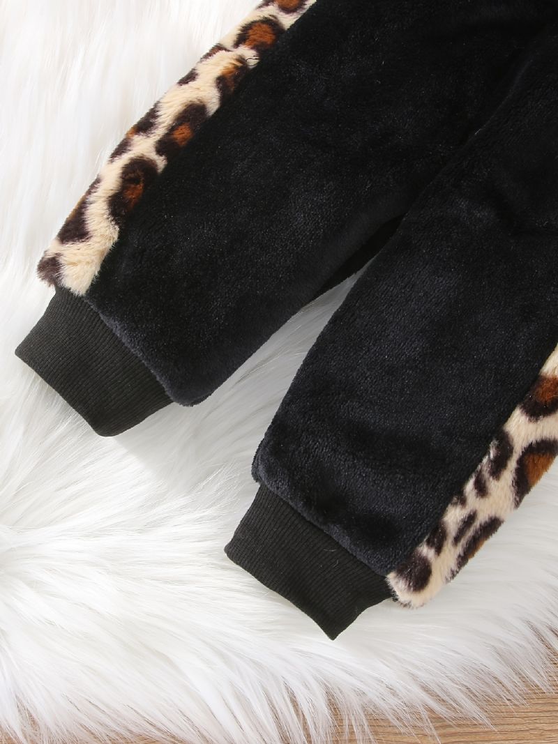 Gutter Uformelt Fleece Termisk Leopardprint Hette Topp Og Buksesett For Vinteren