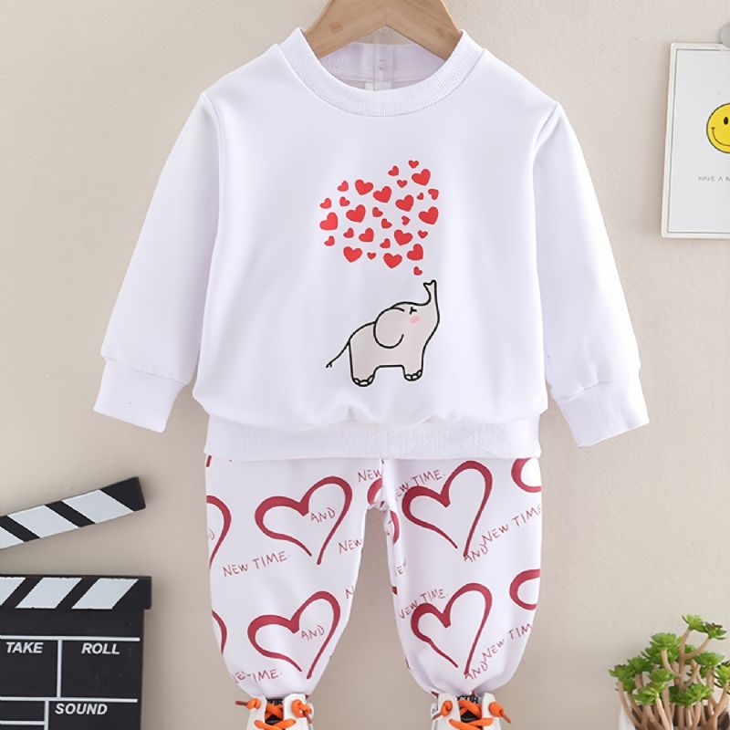 Høst Og Vinter Jenter Elephant Heart Print Rundhalset Sweatshirt Bukser Sett