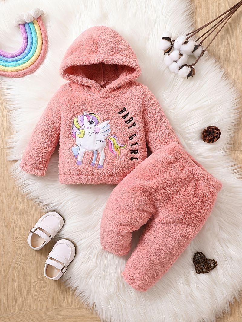 Jente Fleece Unicorn Brodert Pullover Hettegenser + Buksesett Babyklær Til Vinteren