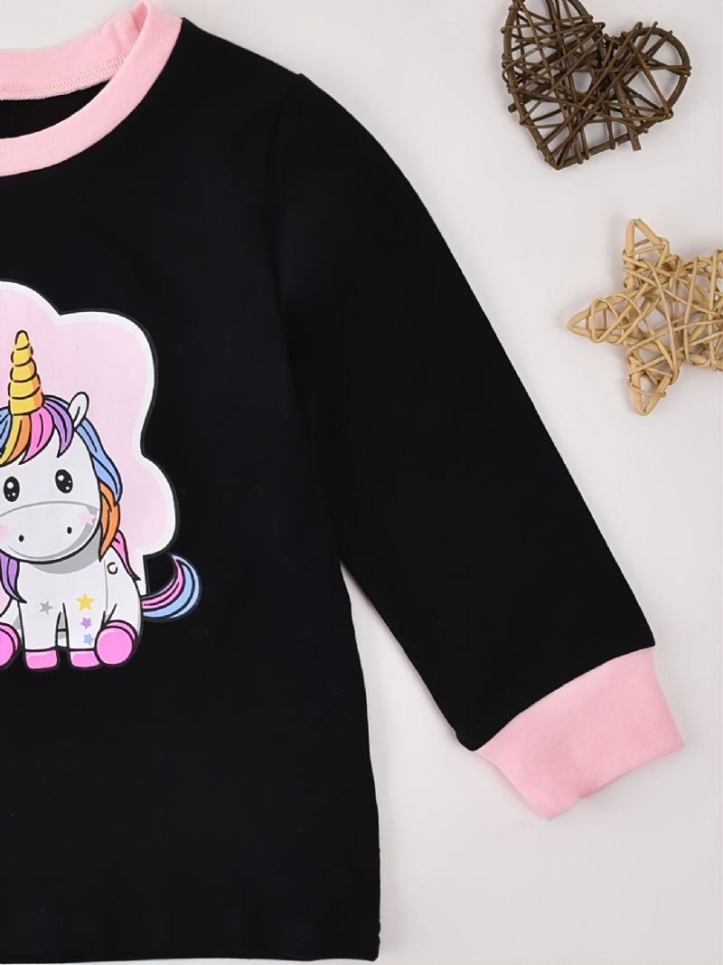 Jente Langermet Unicorn Print Topp Og Solide Buksesett