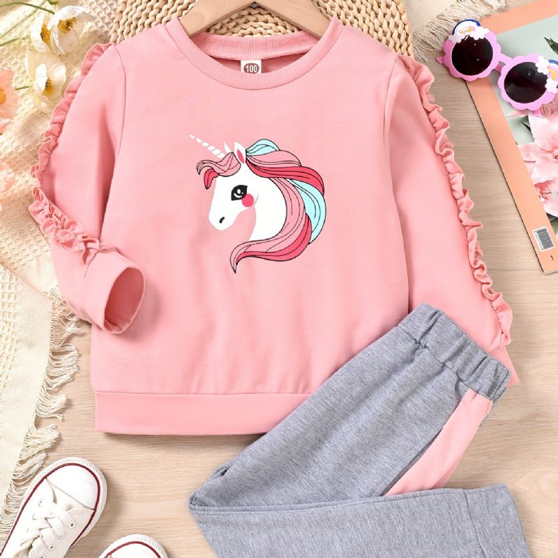 Jente Unicorn Trim Langermet Sweatshirt + Matchende Colorblock Joggebuksesett For Vinter Barneklær