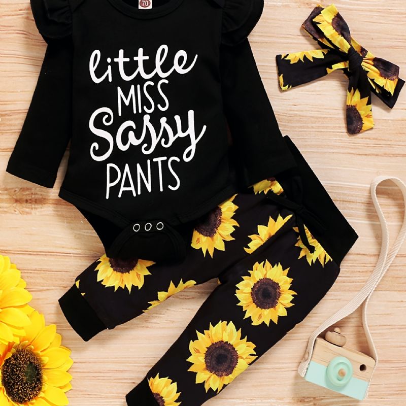 Jenter Alfabettrykk Ensfarget Langermet Romper Bodysuit + Sunflower Print Buksesett Barneklær