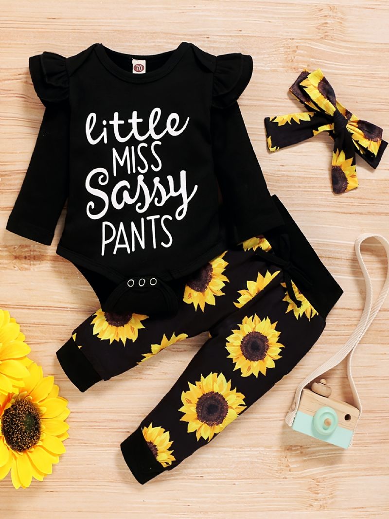 Jenter Alfabettrykk Ensfarget Langermet Romper Bodysuit + Sunflower Print Buksesett Barneklær