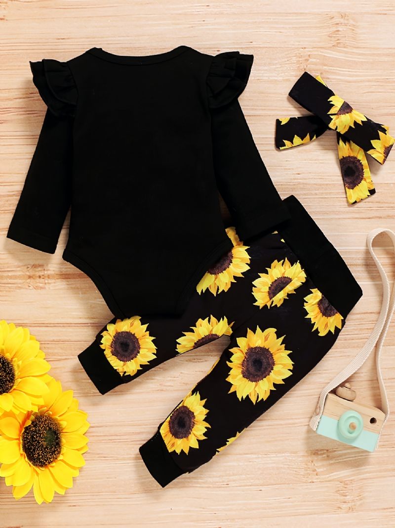 Jenter Alfabettrykk Ensfarget Langermet Romper Bodysuit + Sunflower Print Buksesett Barneklær