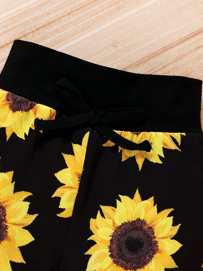 Jenter Alfabettrykk Ensfarget Langermet Romper Bodysuit + Sunflower Print Buksesett Barneklær