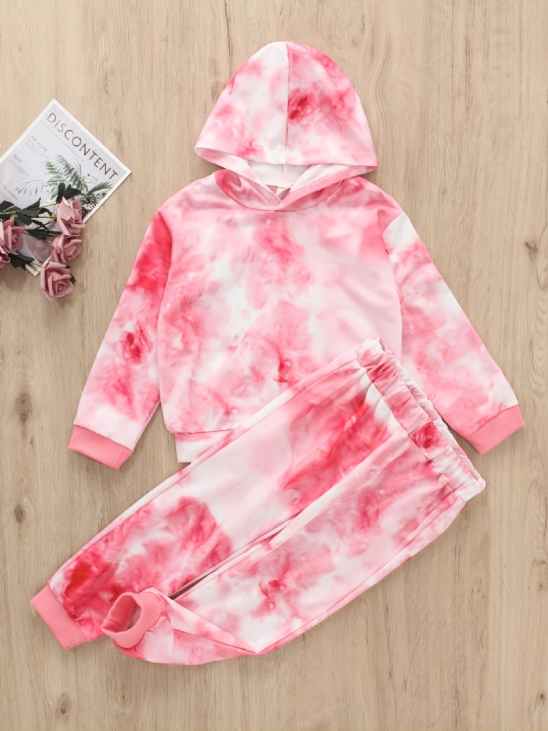 Jenter Casual Rosa Tie Dye Print Langermet Hettegenser Buksesett Høst Vinter