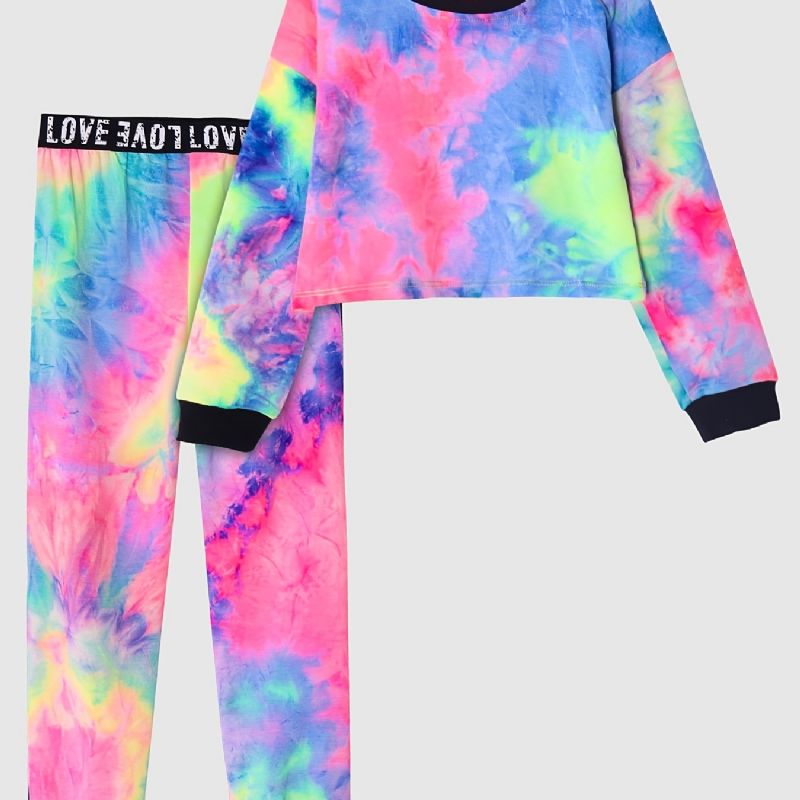 Jenter Casual Tie Dye Print Sett Med Langermet Kort Pullover Sweatshirt & Sweatpants