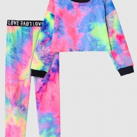 Jenter Casual Tie Dye Print Sett Med Langermet Kort Pullover Sweatshirt & Sweatpants