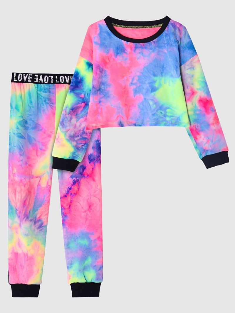 Jenter Casual Tie Dye Print Sett Med Langermet Kort Pullover Sweatshirt & Sweatpants