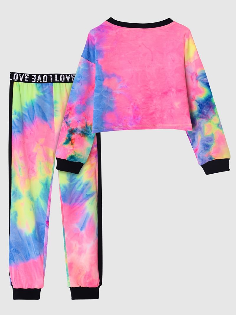 Jenter Casual Tie Dye Print Sett Med Langermet Kort Pullover Sweatshirt & Sweatpants